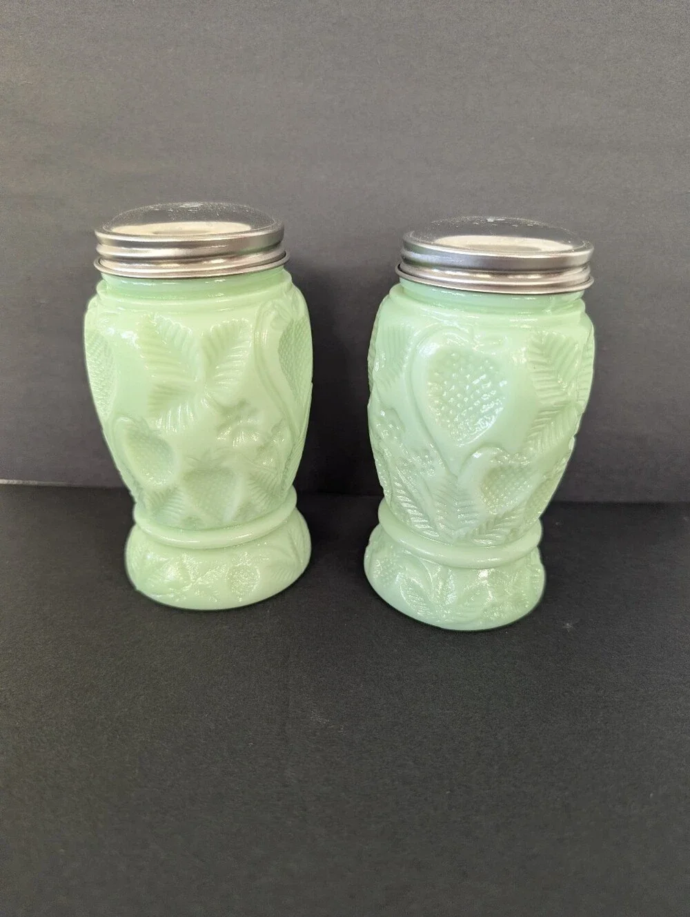 Jadite Green Embossed Glass Salt & Pepper Shakers